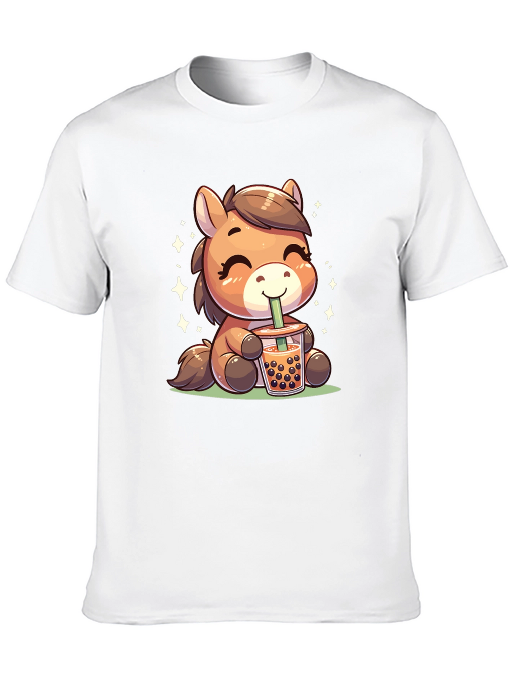 Cute Cartoon Horse Bubble Tea Black T-Shirt