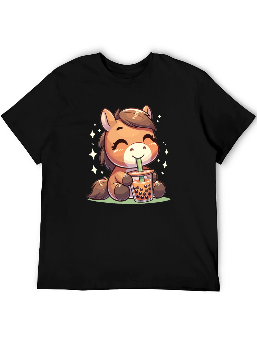 Cute Cartoon Horse Bubble Tea Black T-Shirt
