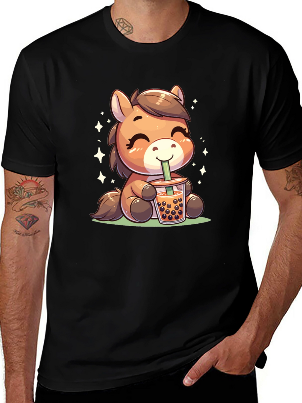 Cute Cartoon Horse Bubble Tea Black T-Shirt