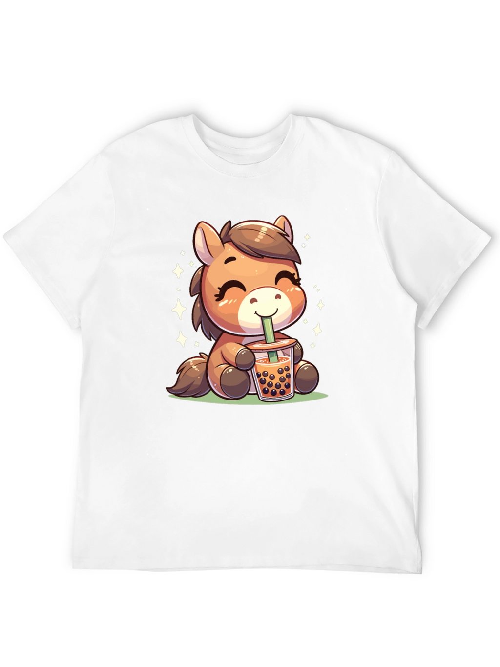 Cute Cartoon Horse Bubble Tea Black T-Shirt