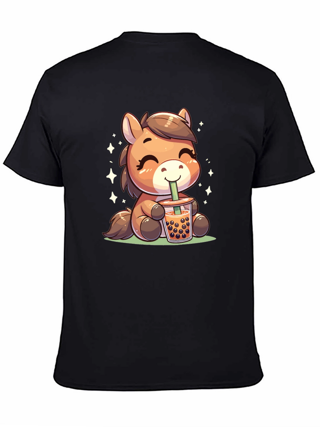 Cute Cartoon Horse Bubble Tea Black T-Shirt