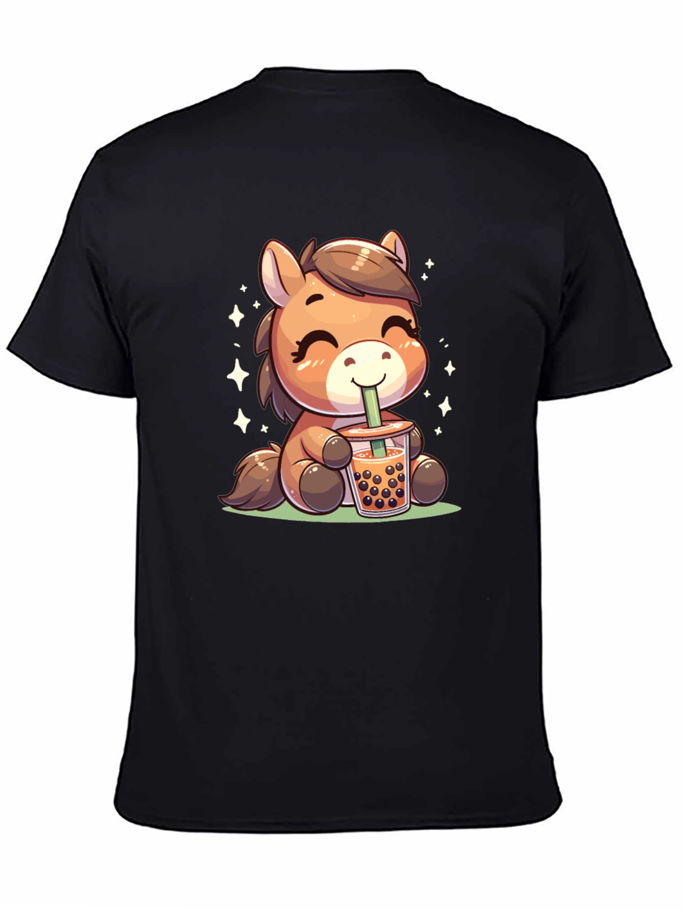 Cute Cartoon Horse Bubble Tea Black T-Shirt