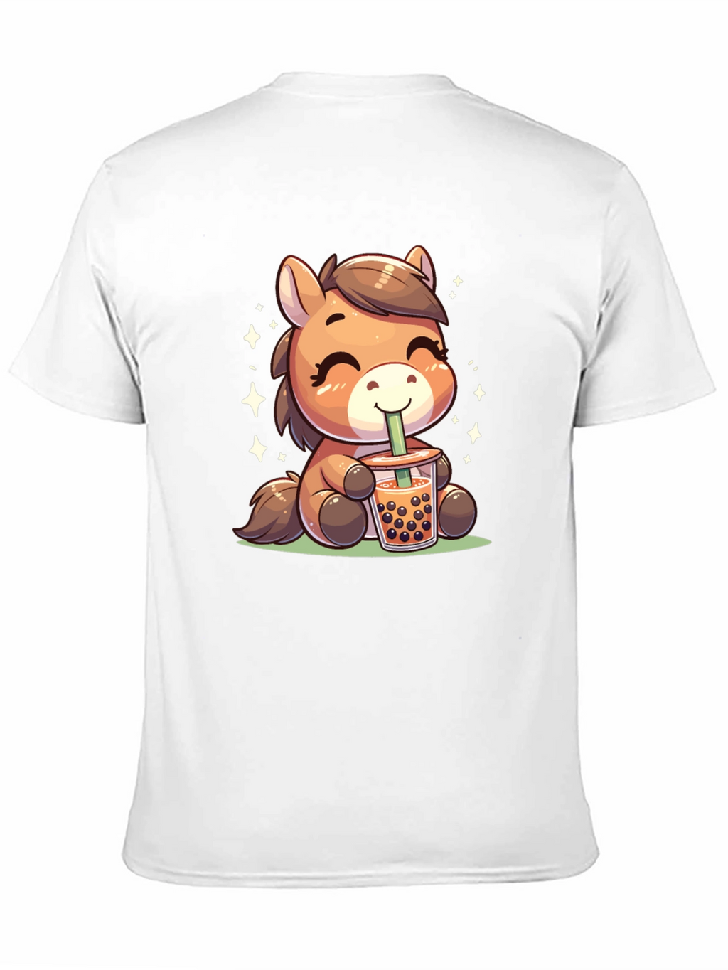 Cute Cartoon Horse Bubble Tea Black T-Shirt