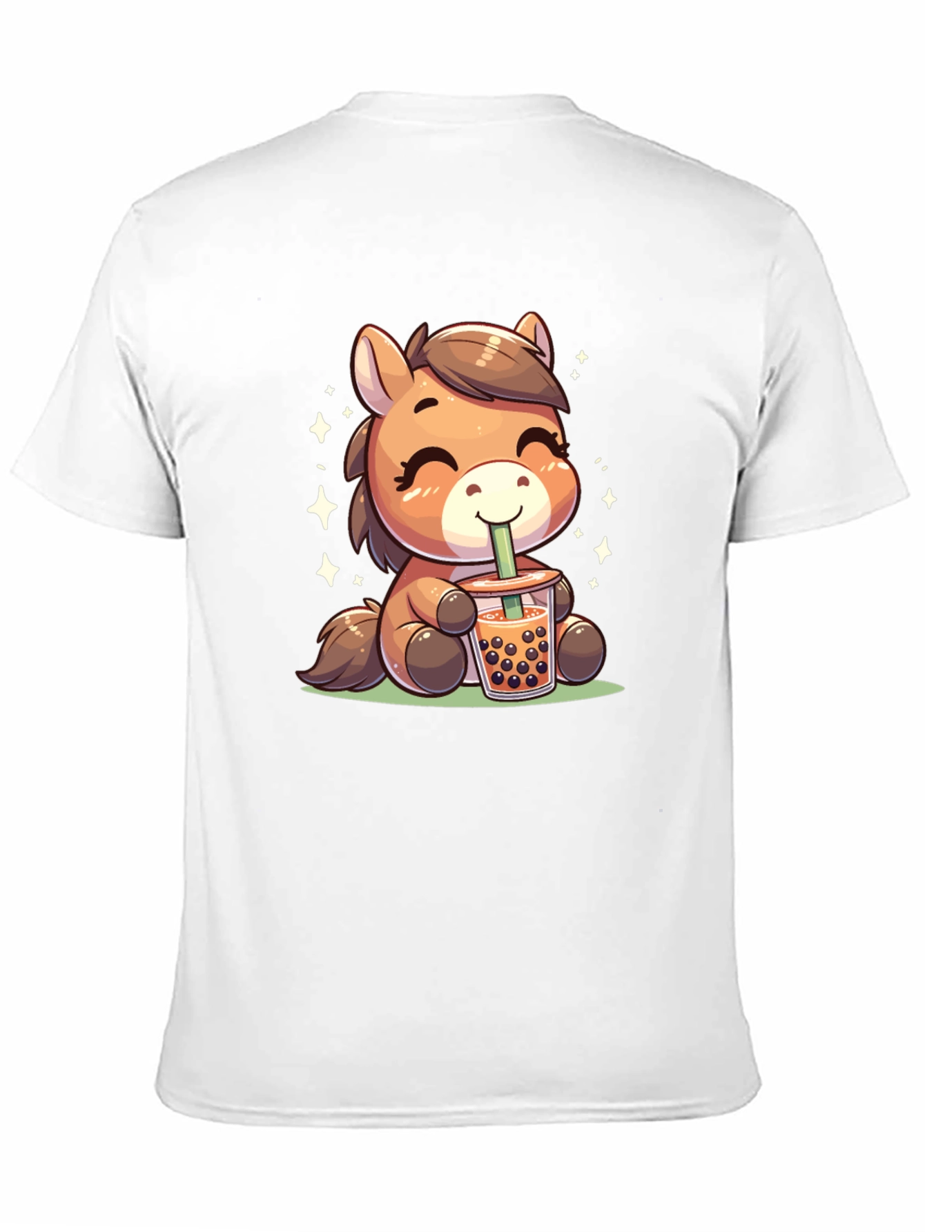 Cute Cartoon Horse Bubble Tea Black T-Shirt
