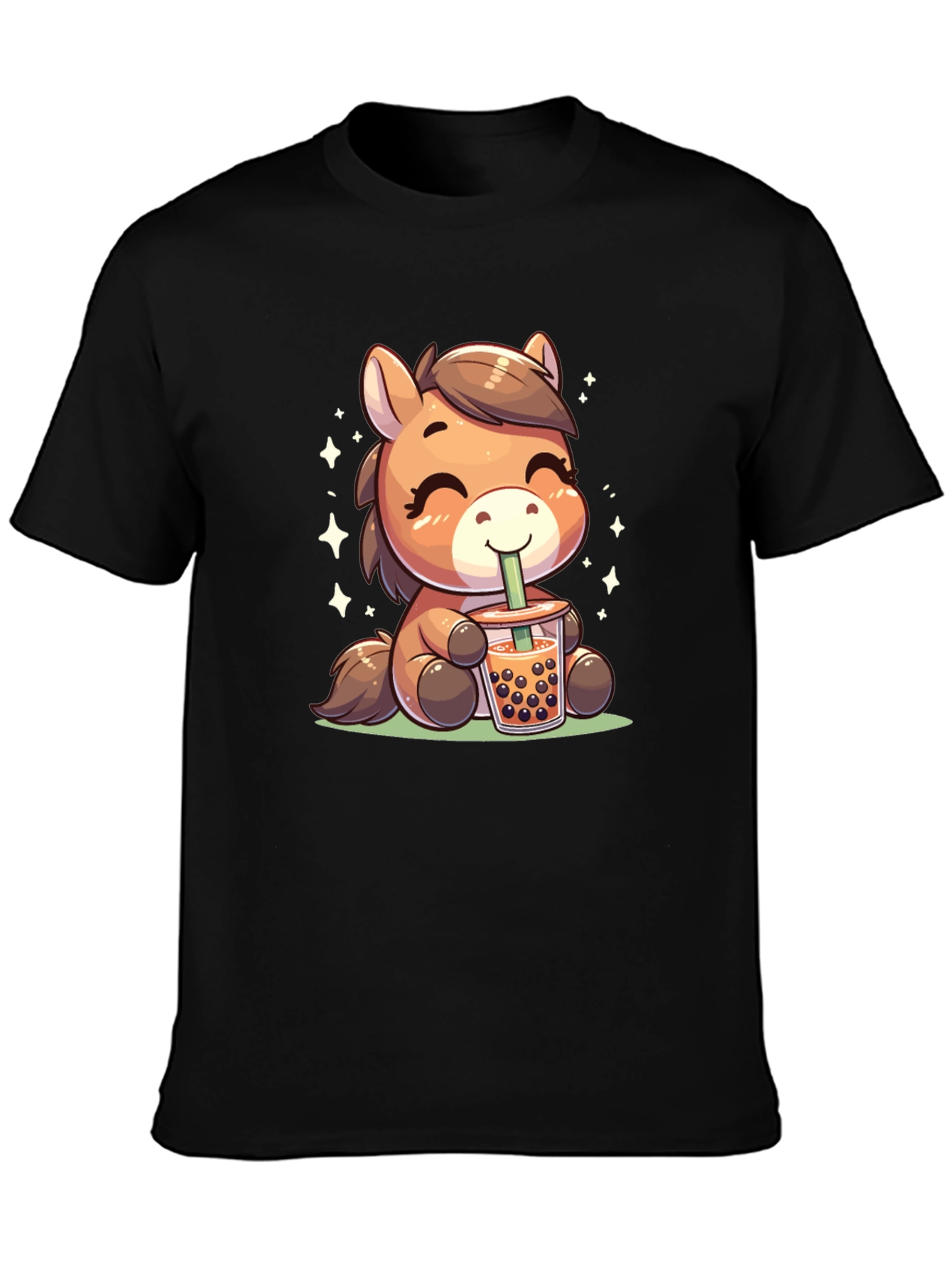 Cute Cartoon Horse Bubble Tea Black T-Shirt