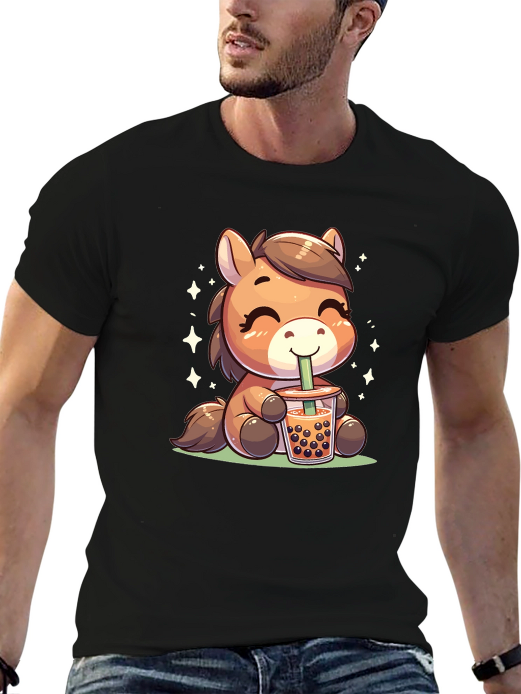 Cute Cartoon Horse Bubble Tea Black T-Shirt