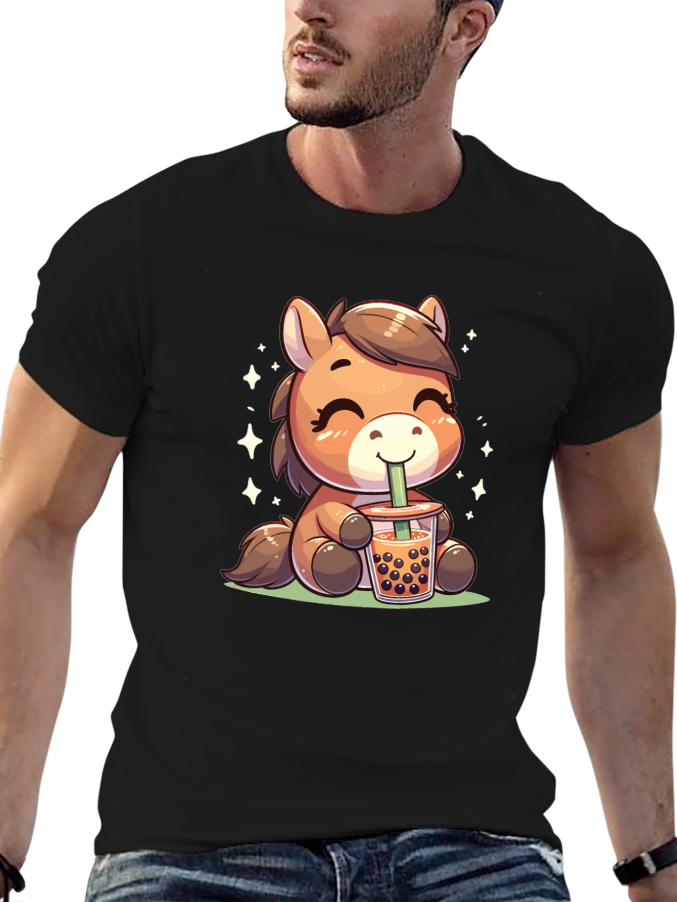 Cute Cartoon Horse Bubble Tea Black T-Shirt