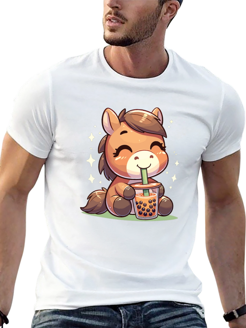 Cute Cartoon Horse Bubble Tea Black T-Shirt