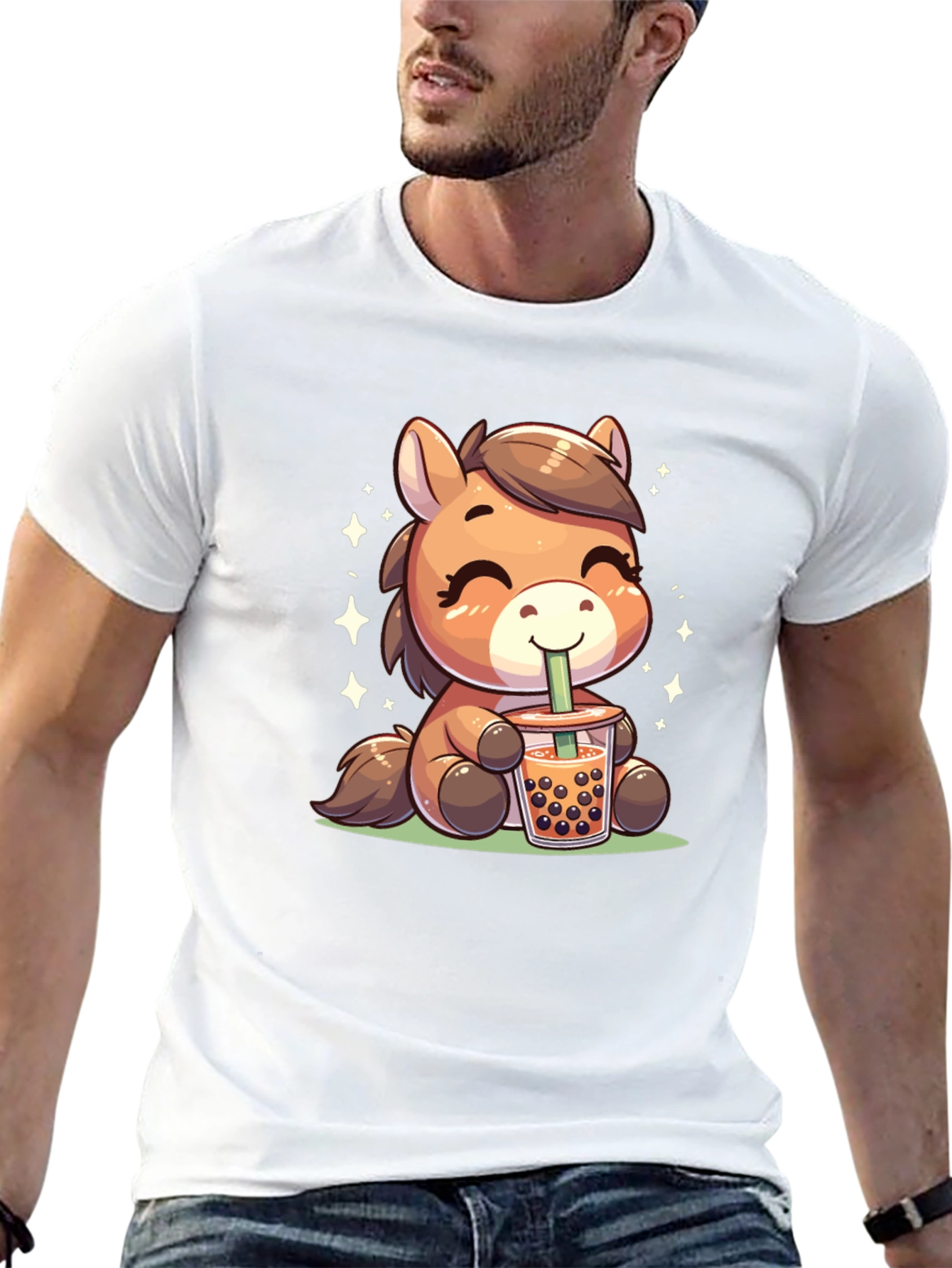 Cute Cartoon Horse Bubble Tea Black T-Shirt