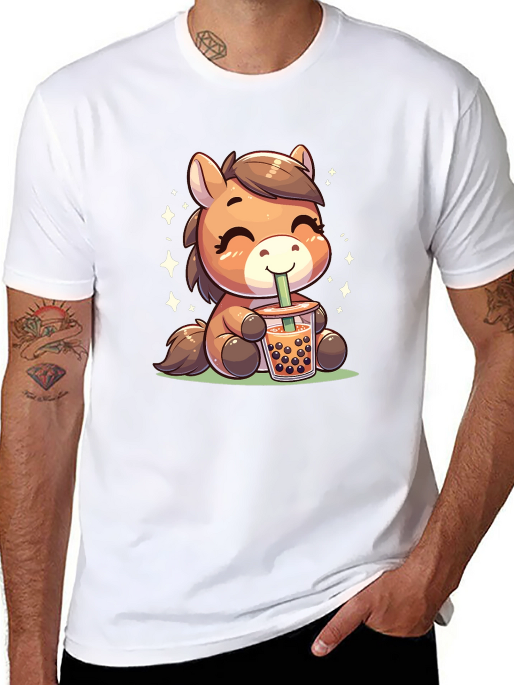 Cute Cartoon Horse Bubble Tea Black T-Shirt