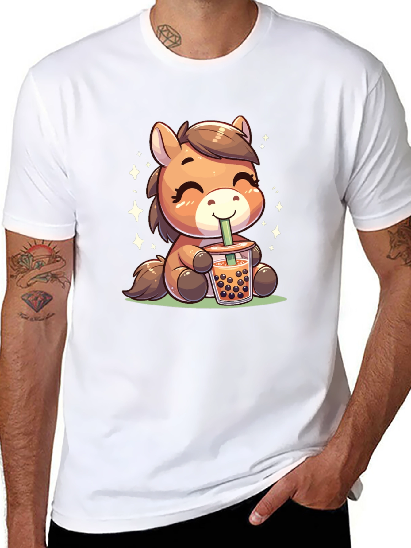 Cute Cartoon Horse Bubble Tea Black T-Shirt