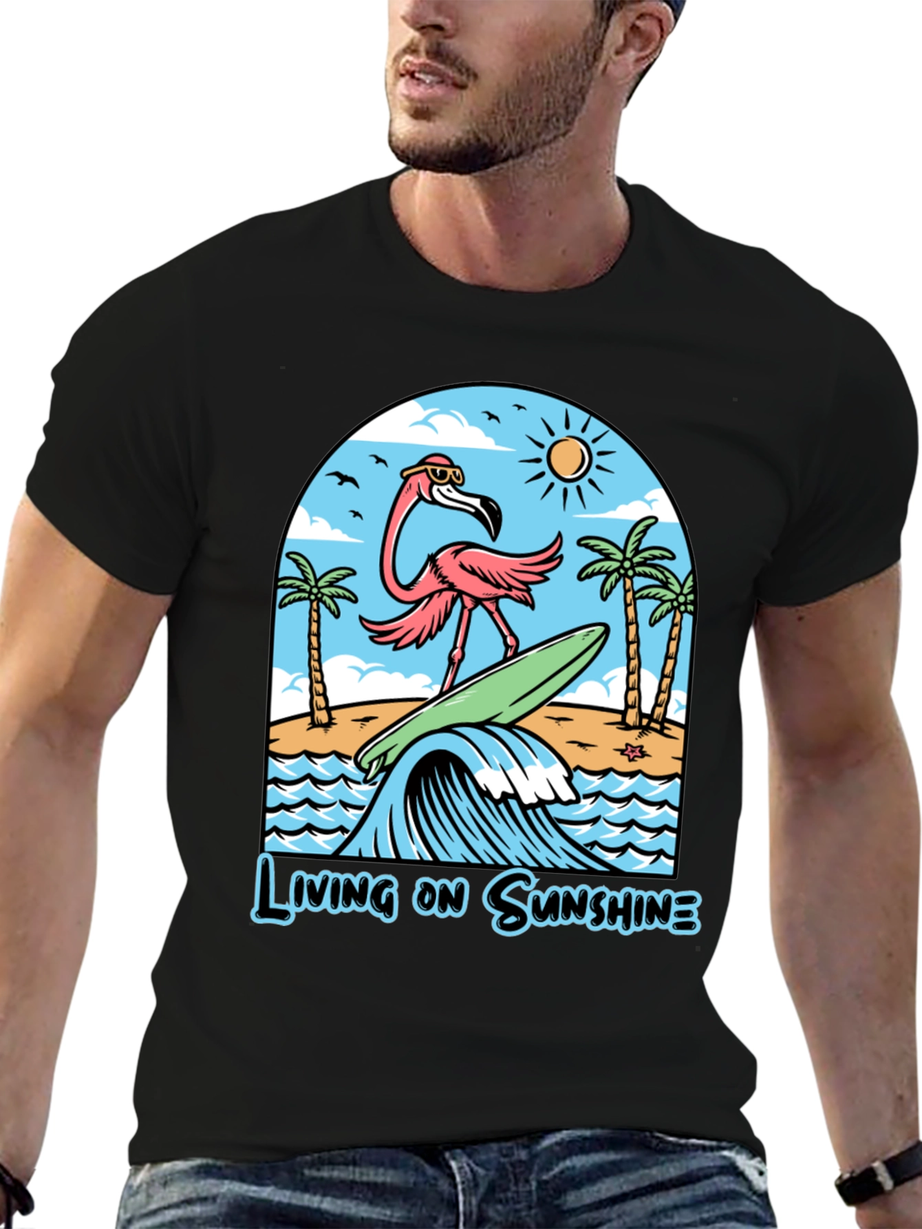 Living on Sunshine Flamingo Surf T-Shirt