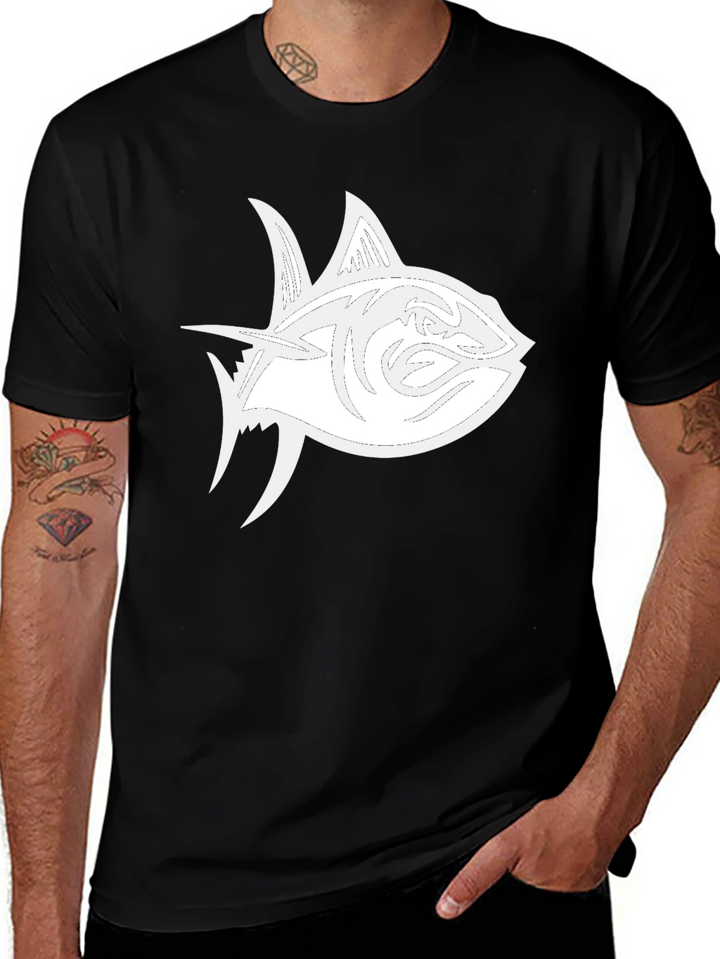 Black T-Shirt with White Tuna Fish Graphic