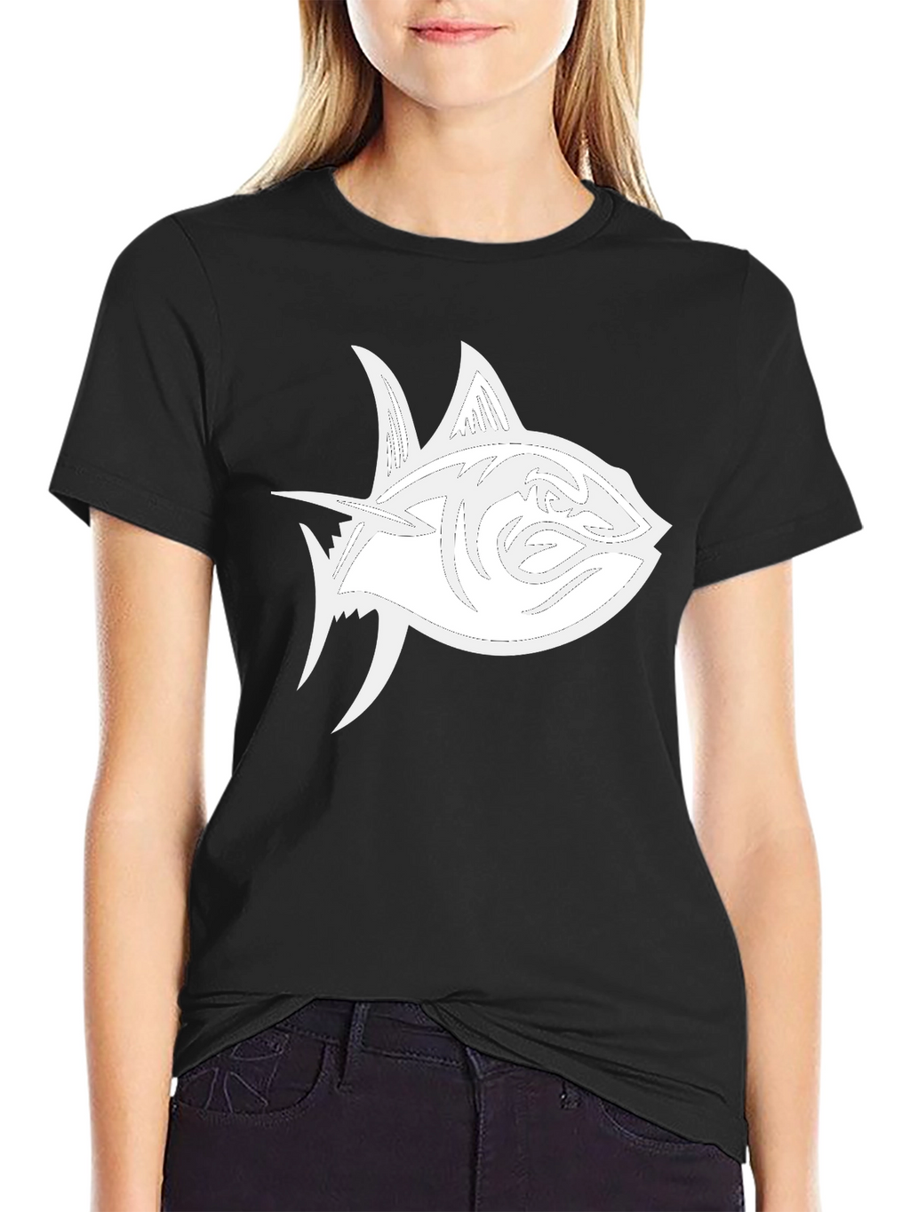 Black T-Shirt with White Tuna Fish Graphic