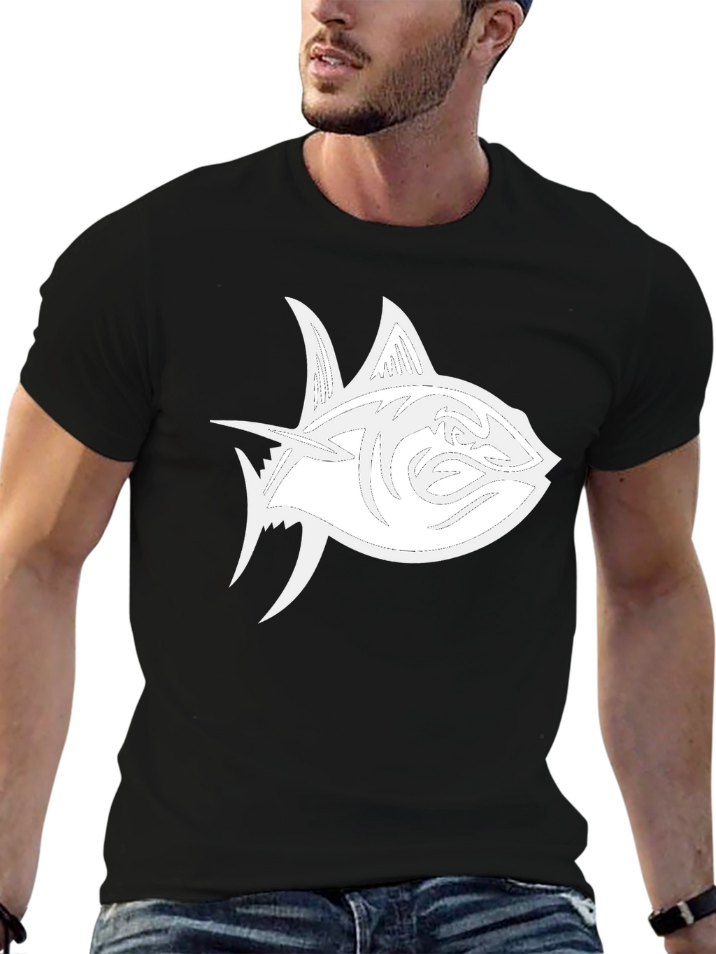 Black T-Shirt with White Tuna Fish Graphic