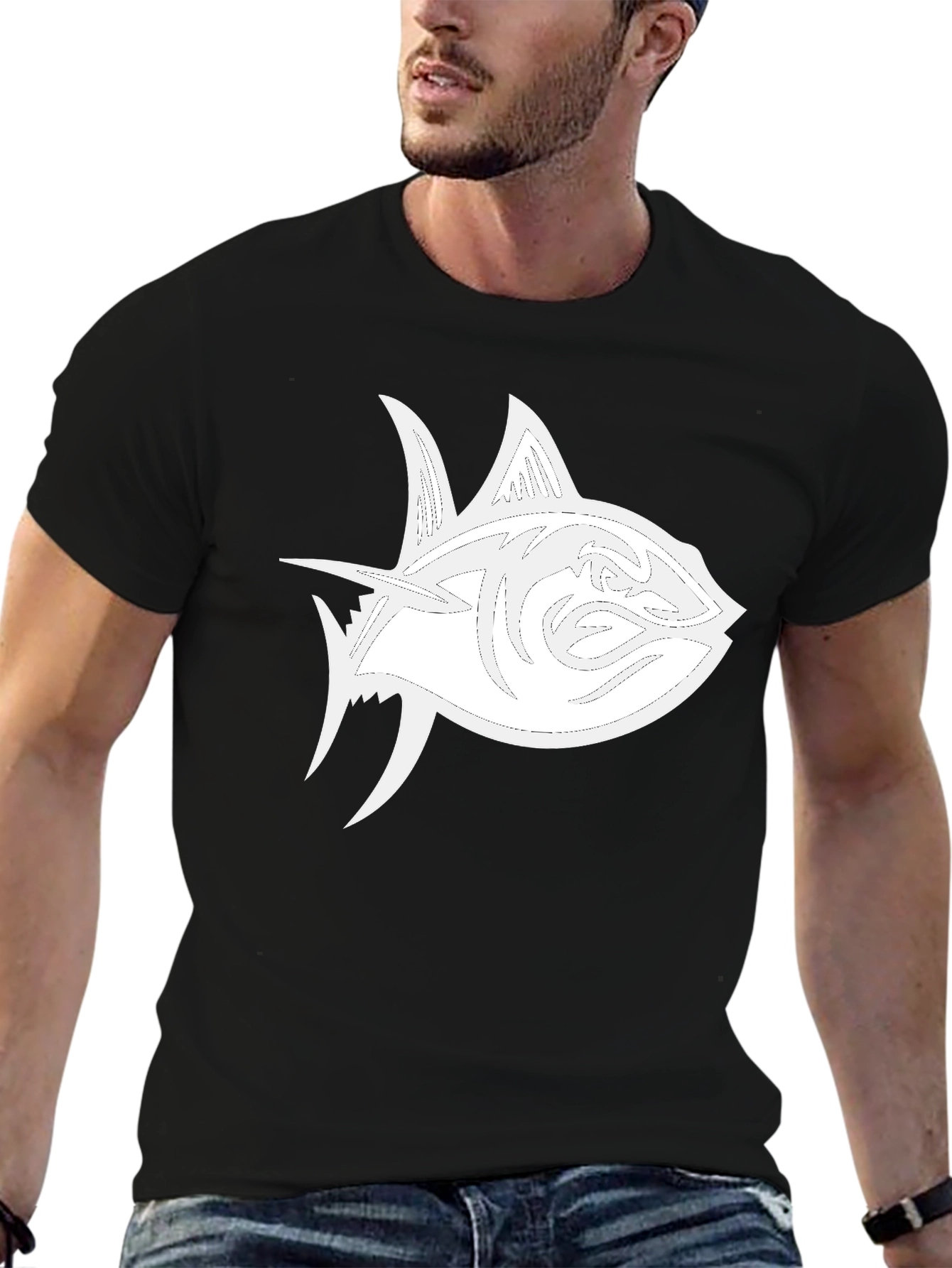 Black T-Shirt with White Tuna Fish Graphic