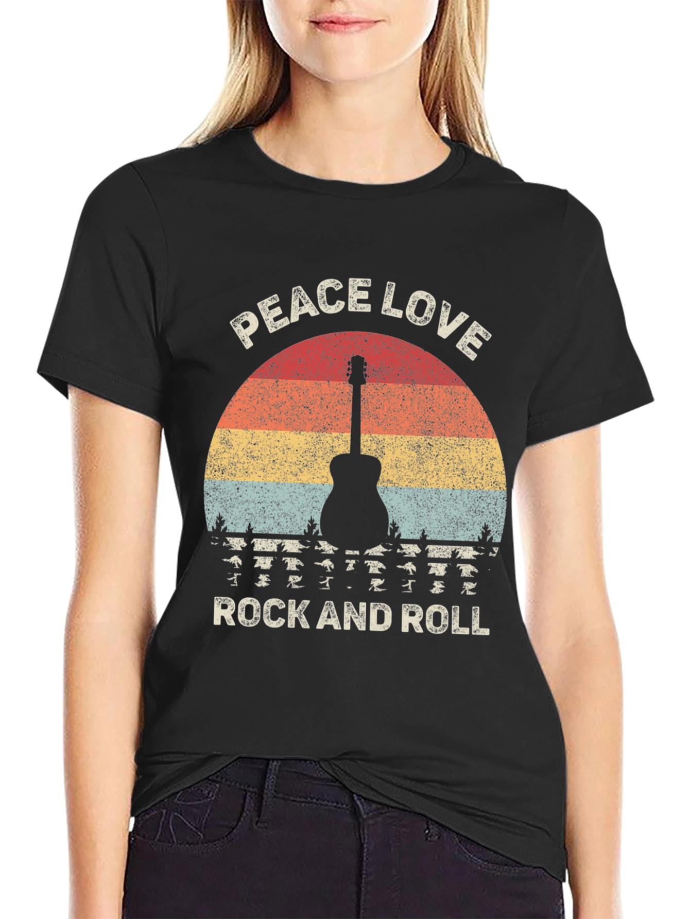 Peace Love Rock and Roll Graphic Tee - Retro Guitar T-Shirt