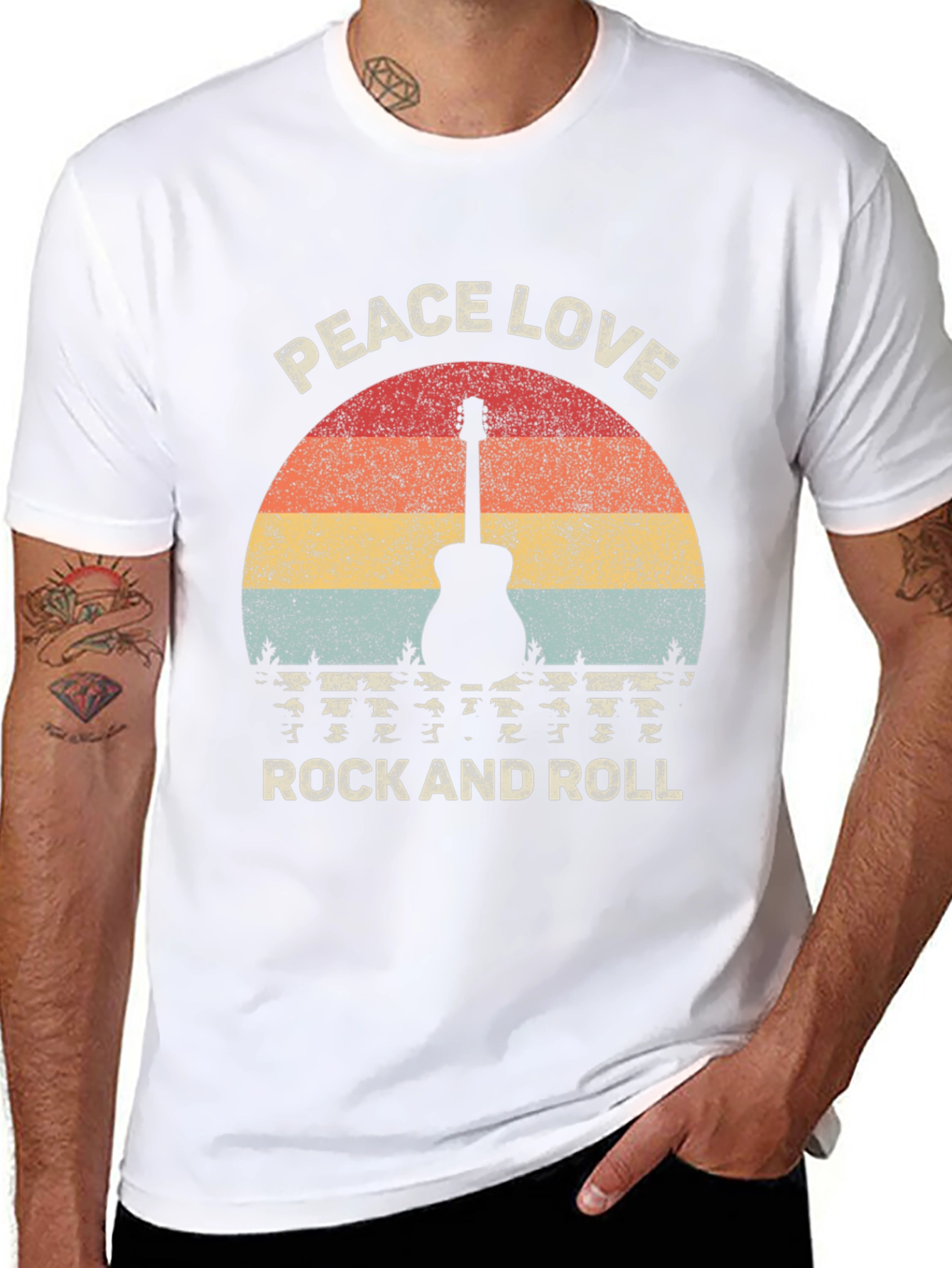 Peace Love Rock and Roll Graphic Tee - Retro Guitar T-Shirt