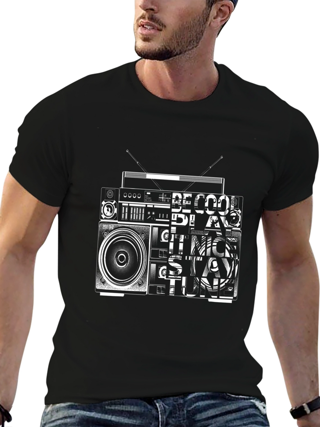 Retro Radio Graphic Tee - Black Cotton T-Shirt