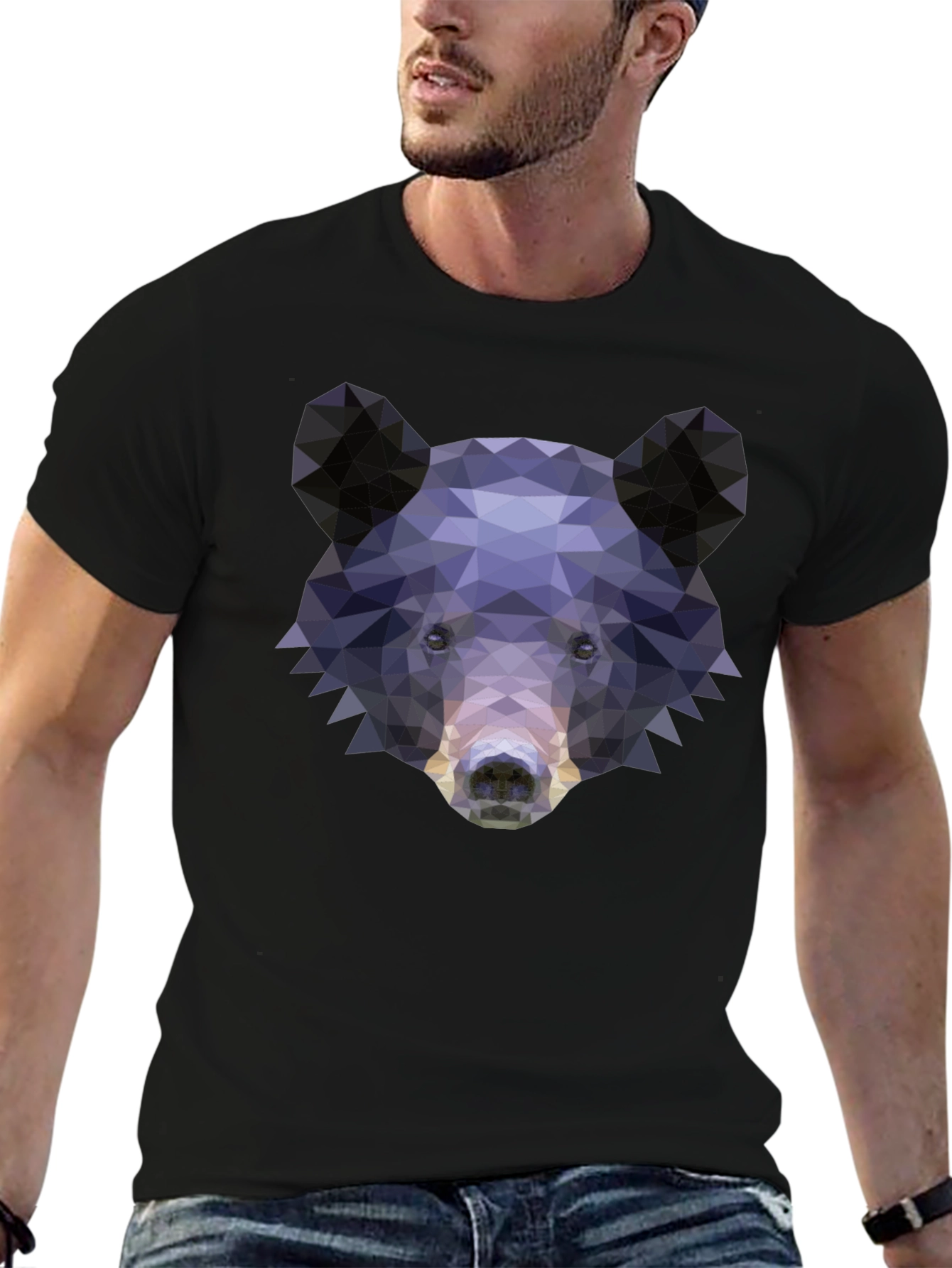 Geometric Bear Graphic Print T-Shirt - Black