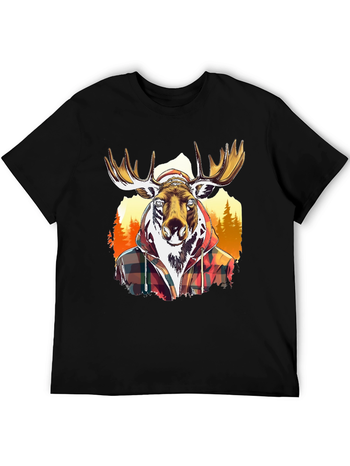 Moose Flannel Graphic T-Shirt - Black Cotton Tee