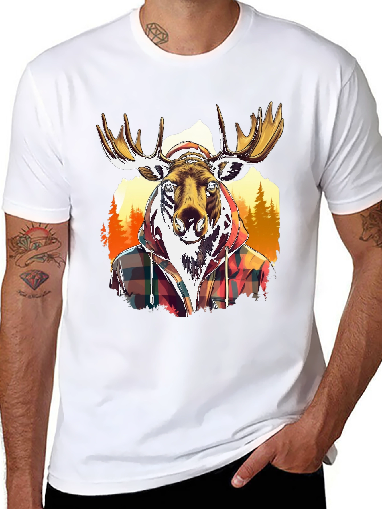 Moose Flannel Graphic T-Shirt - Black Cotton Tee