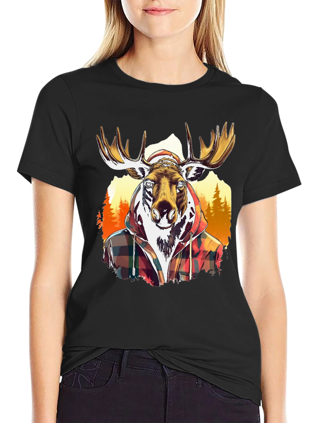 Moose Flannel Graphic T-Shirt - Black Cotton Tee