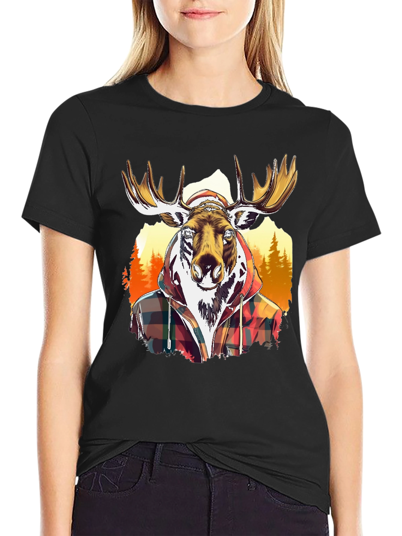 Moose Flannel Graphic T-Shirt - Black Cotton Tee