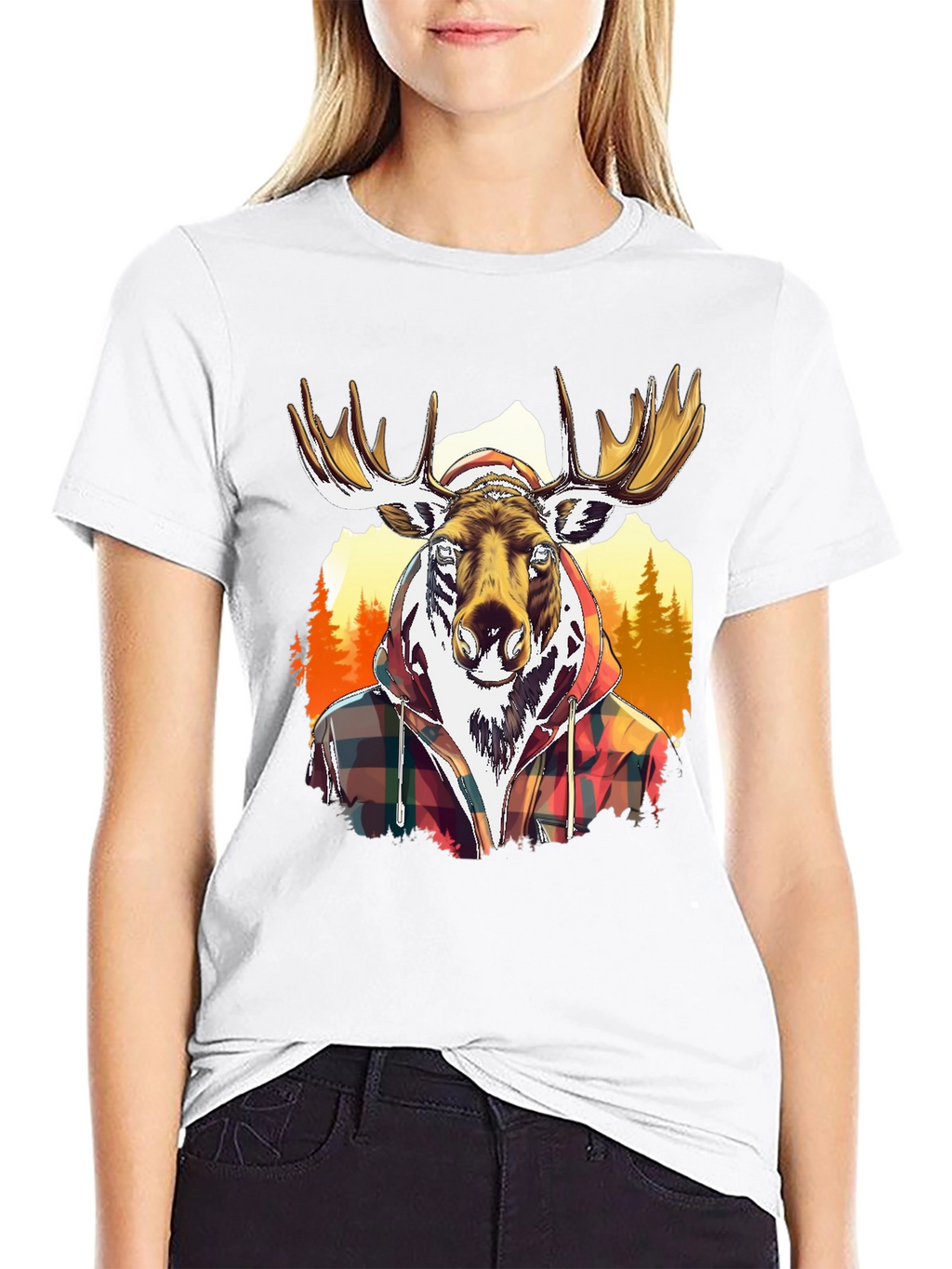 Moose Flannel Graphic T-Shirt - Black Cotton Tee