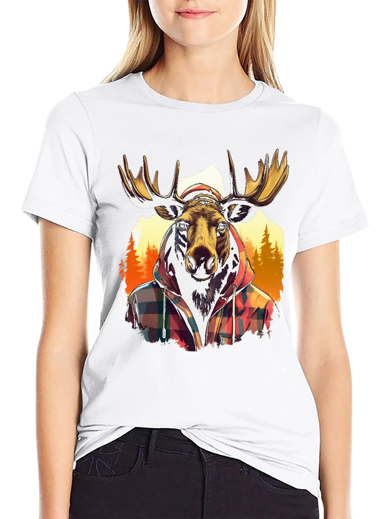 Moose Flannel Graphic T-Shirt - Black Cotton Tee