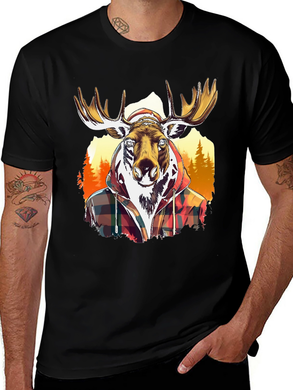 Moose Flannel Graphic T-Shirt - Black Cotton Tee