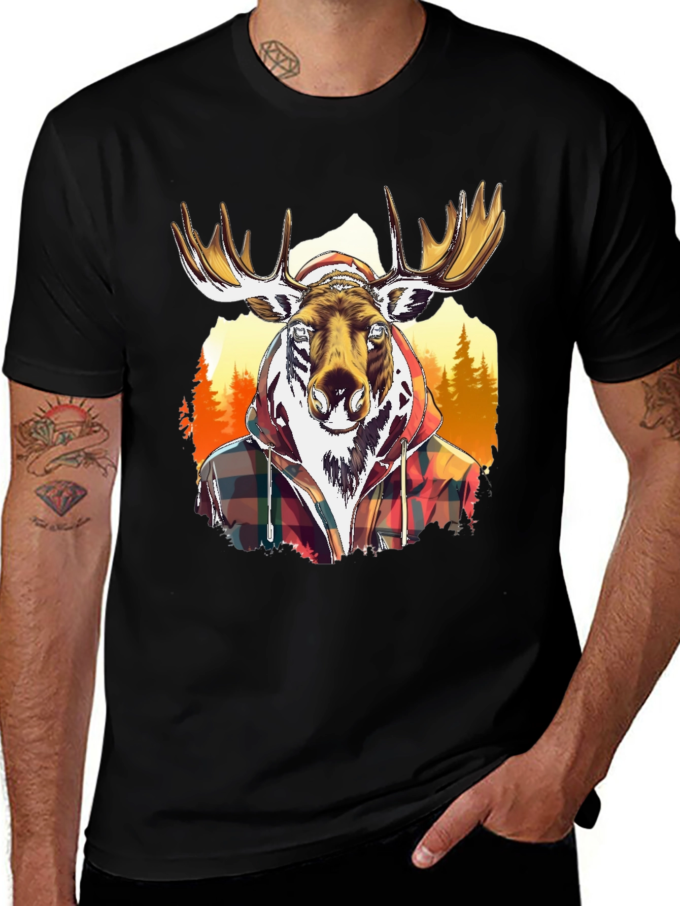 Moose Flannel Graphic T-Shirt - Black Cotton Tee
