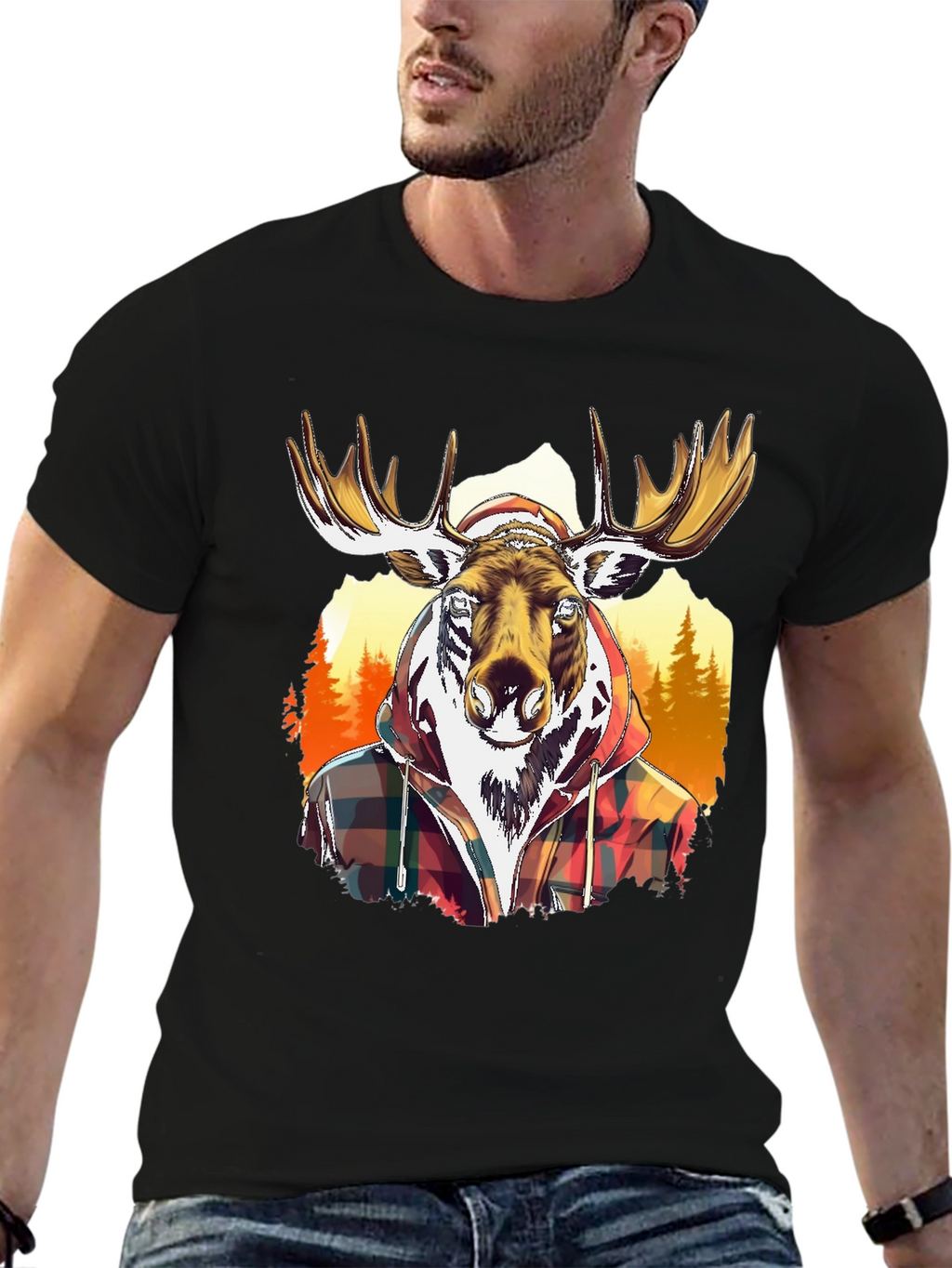 Moose Flannel Graphic T-Shirt - Black Cotton Tee