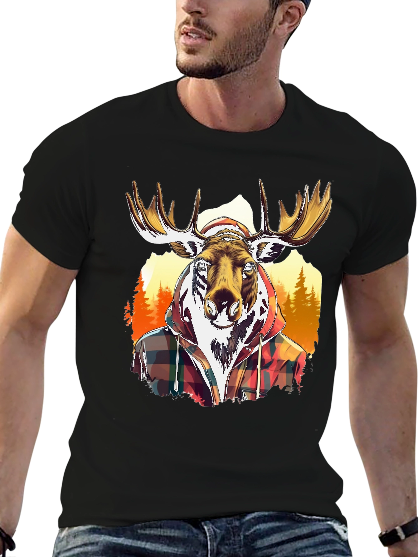 Moose Flannel Graphic T-Shirt - Black Cotton Tee