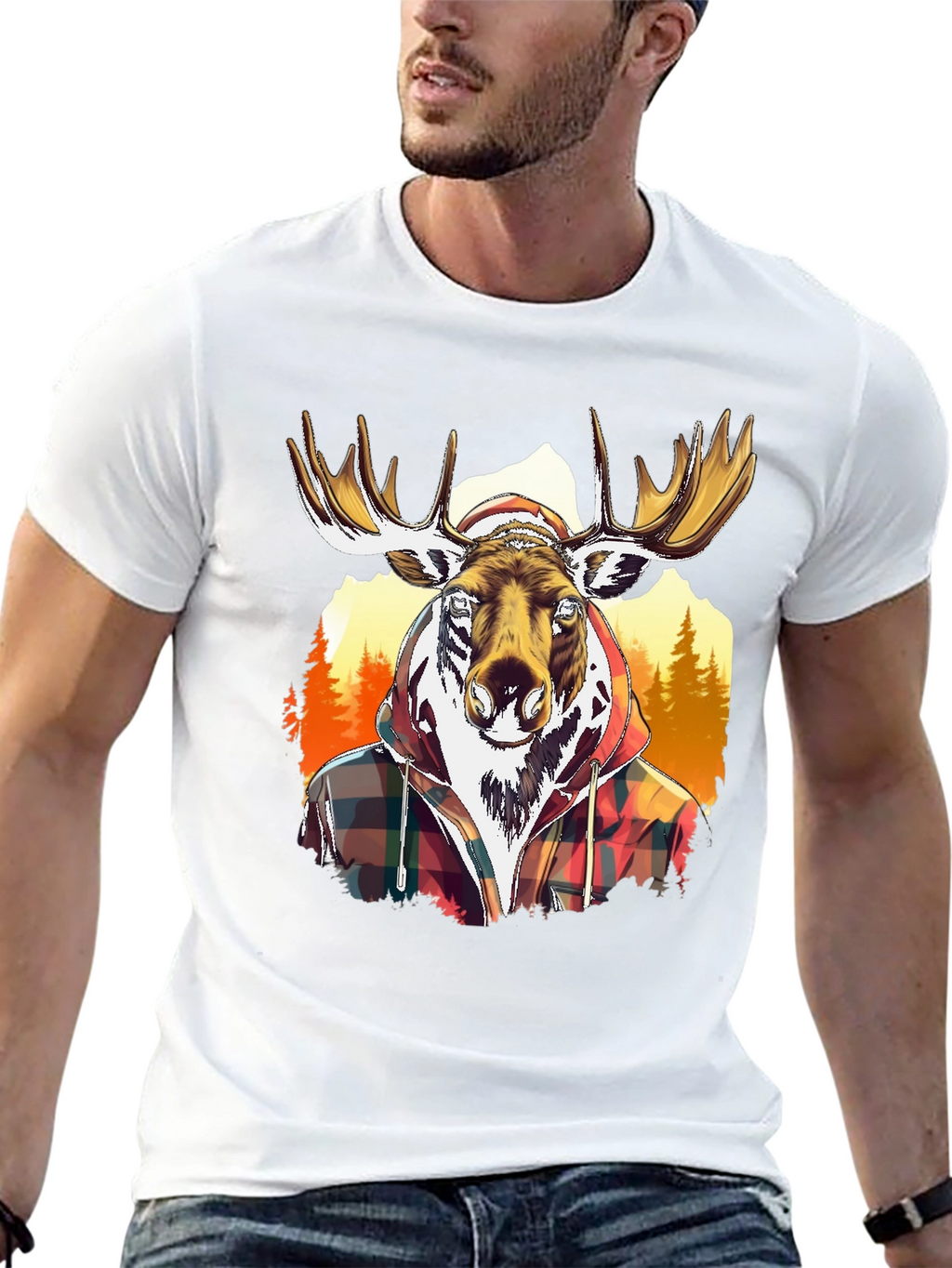 Moose Flannel Graphic T-Shirt - Black Cotton Tee