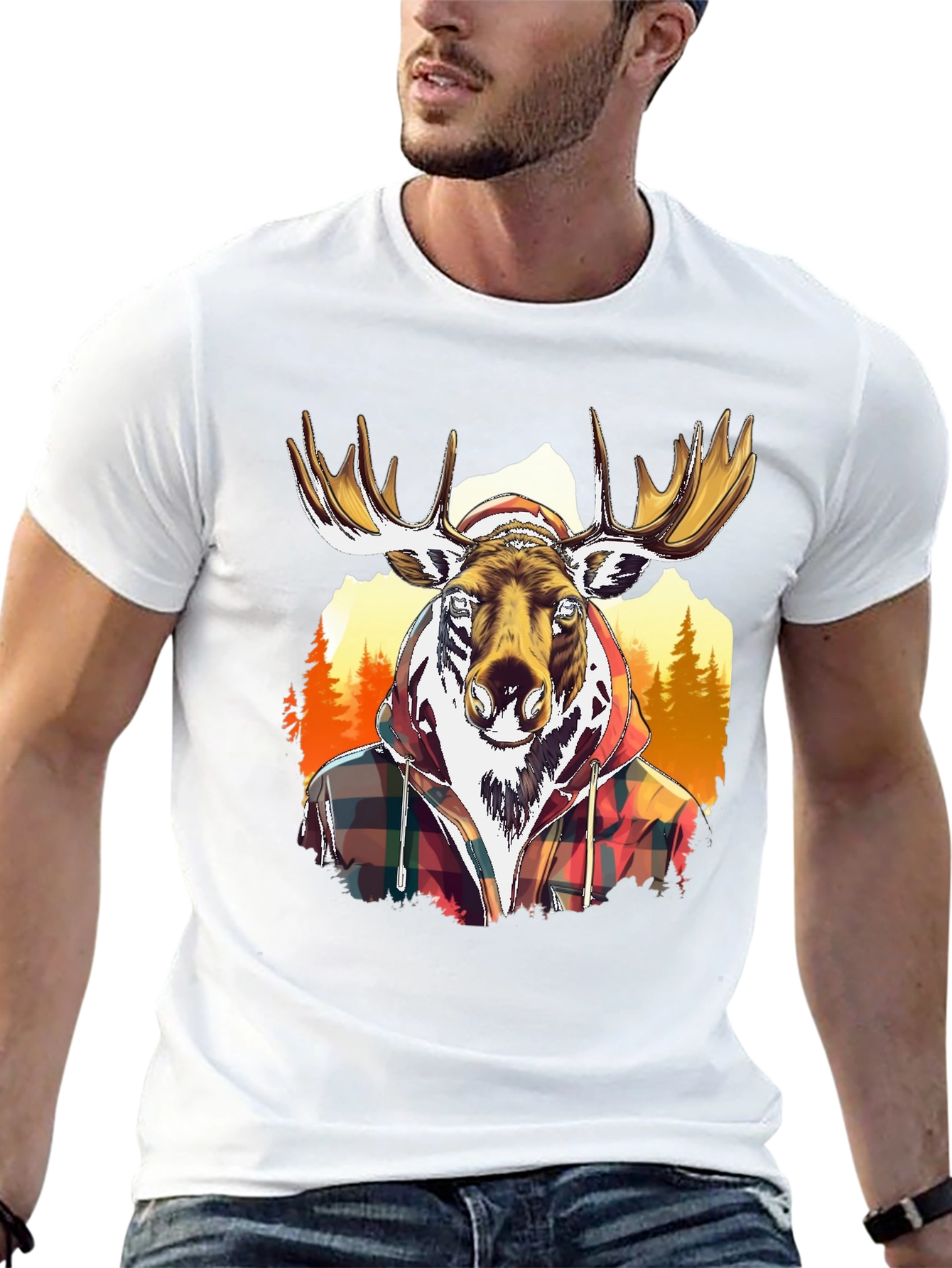 Moose Flannel Graphic T-Shirt - Black Cotton Tee