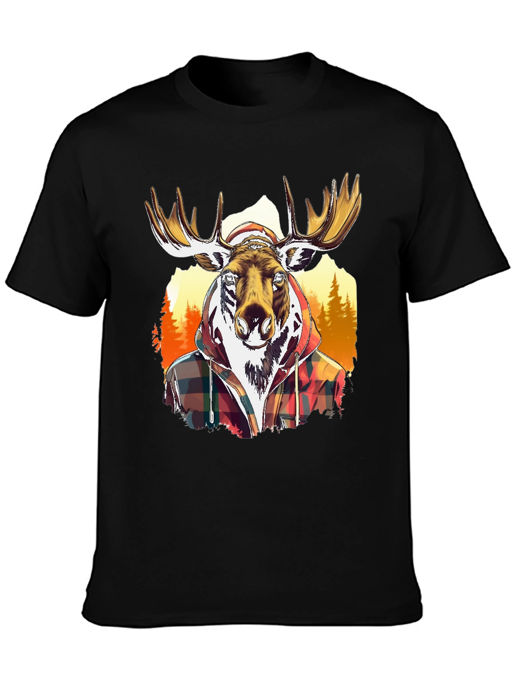 Moose Flannel Graphic T-Shirt - Black Cotton Tee