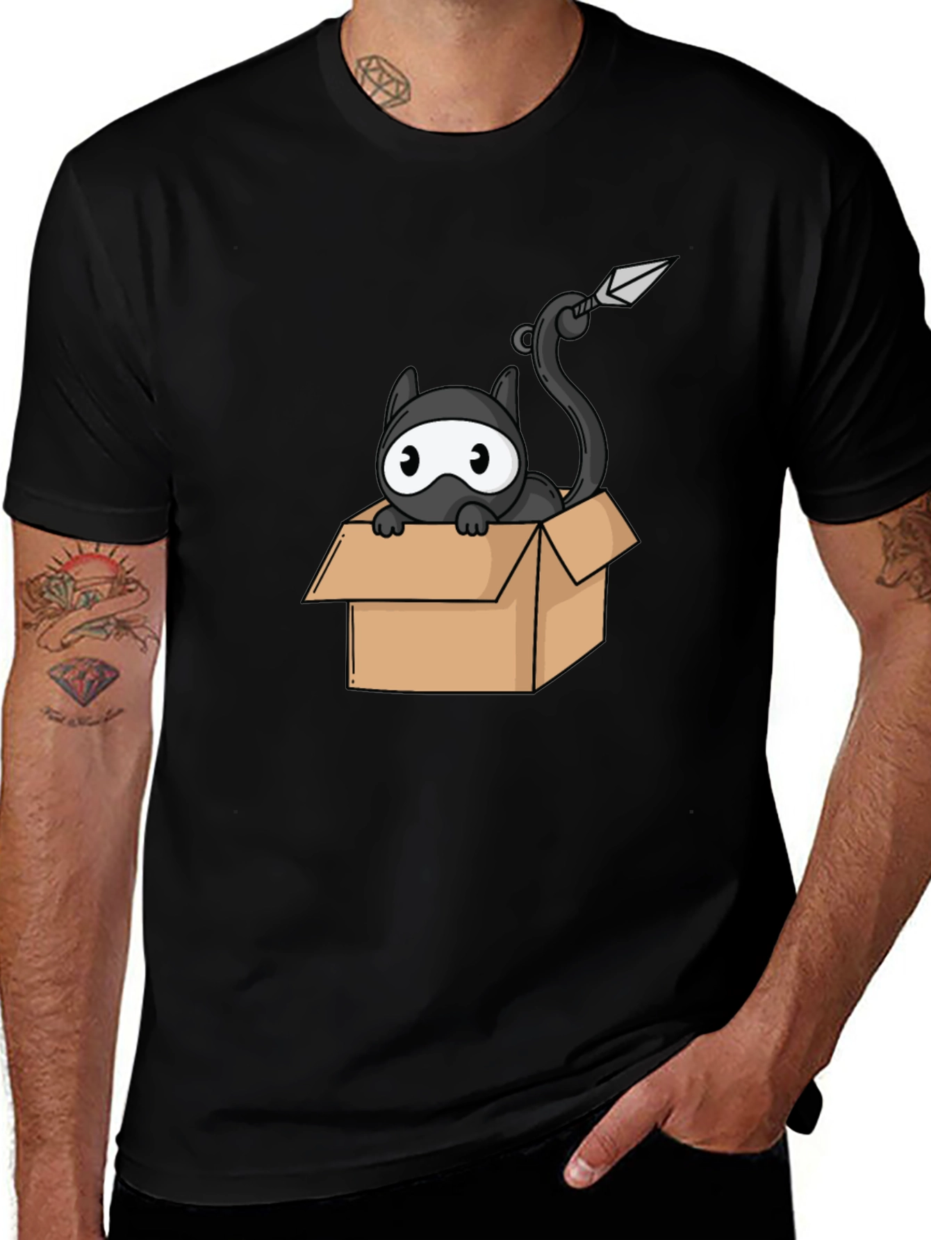 Ninja Cat in Box Black T-Shirt