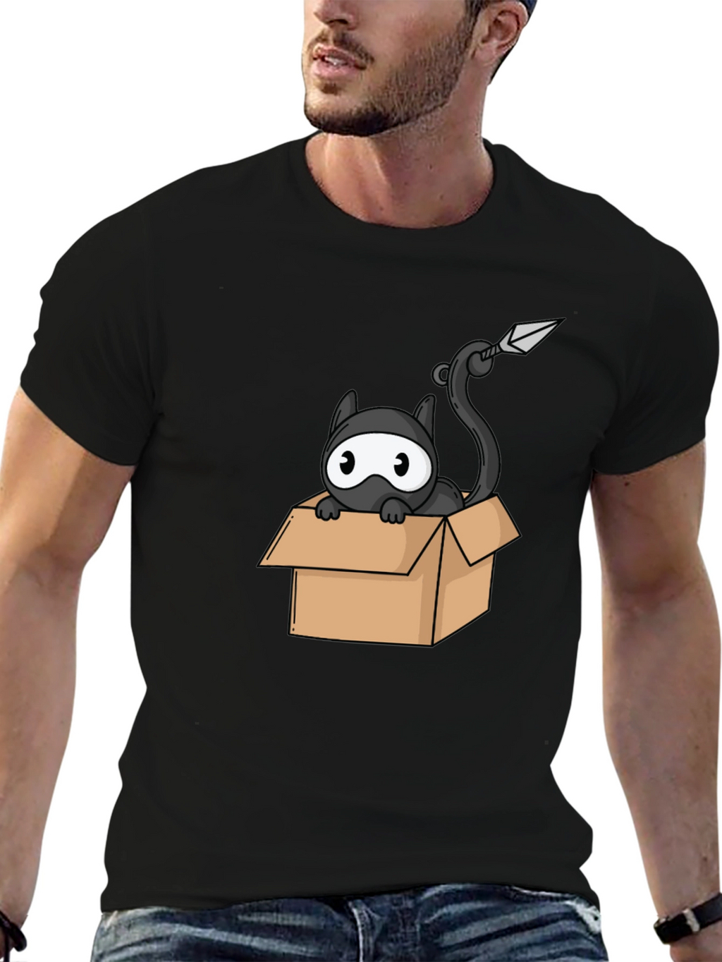 Ninja Cat in Box Black T-Shirt