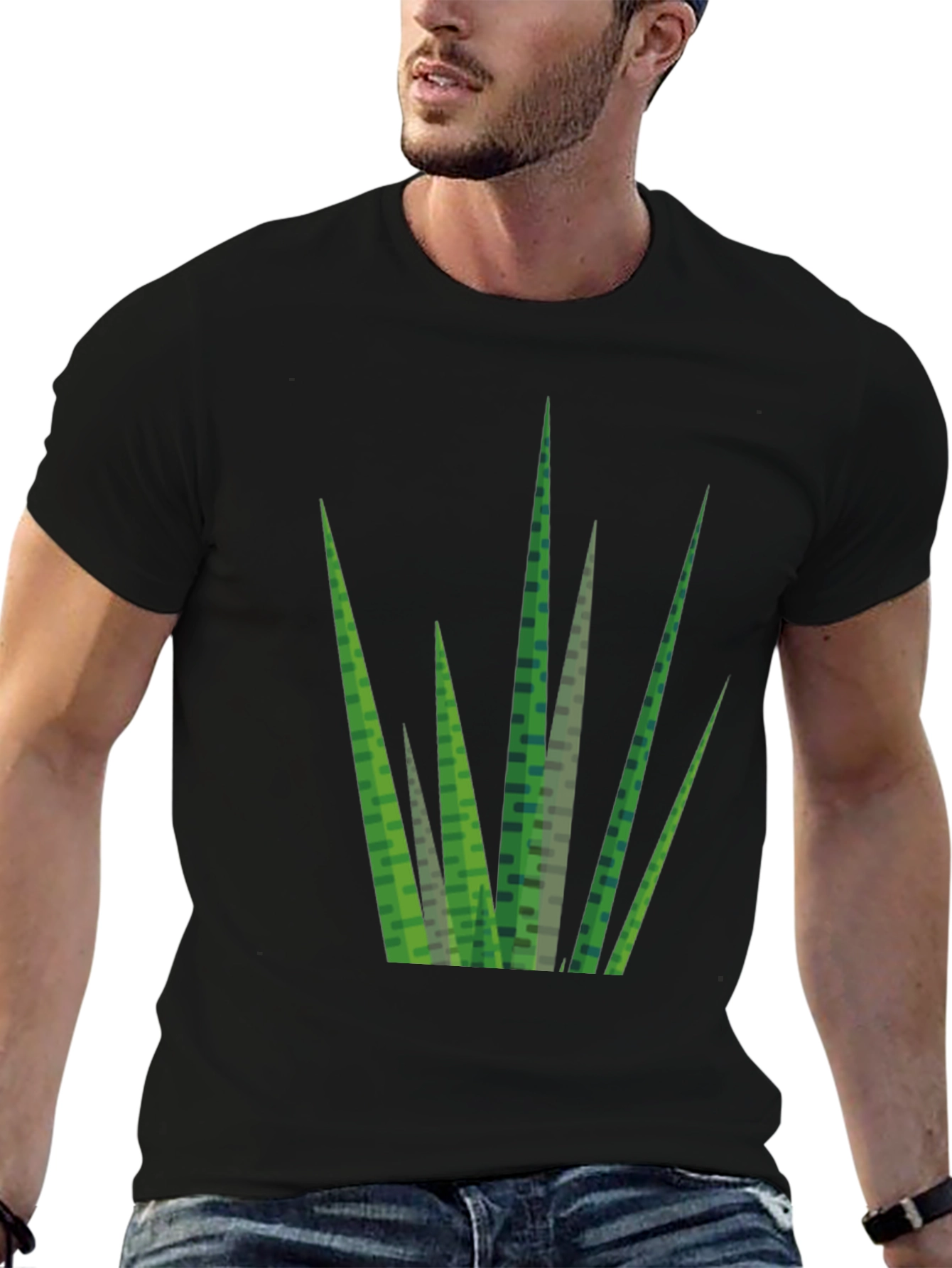 Geometric Grass Print Black T-Shirt