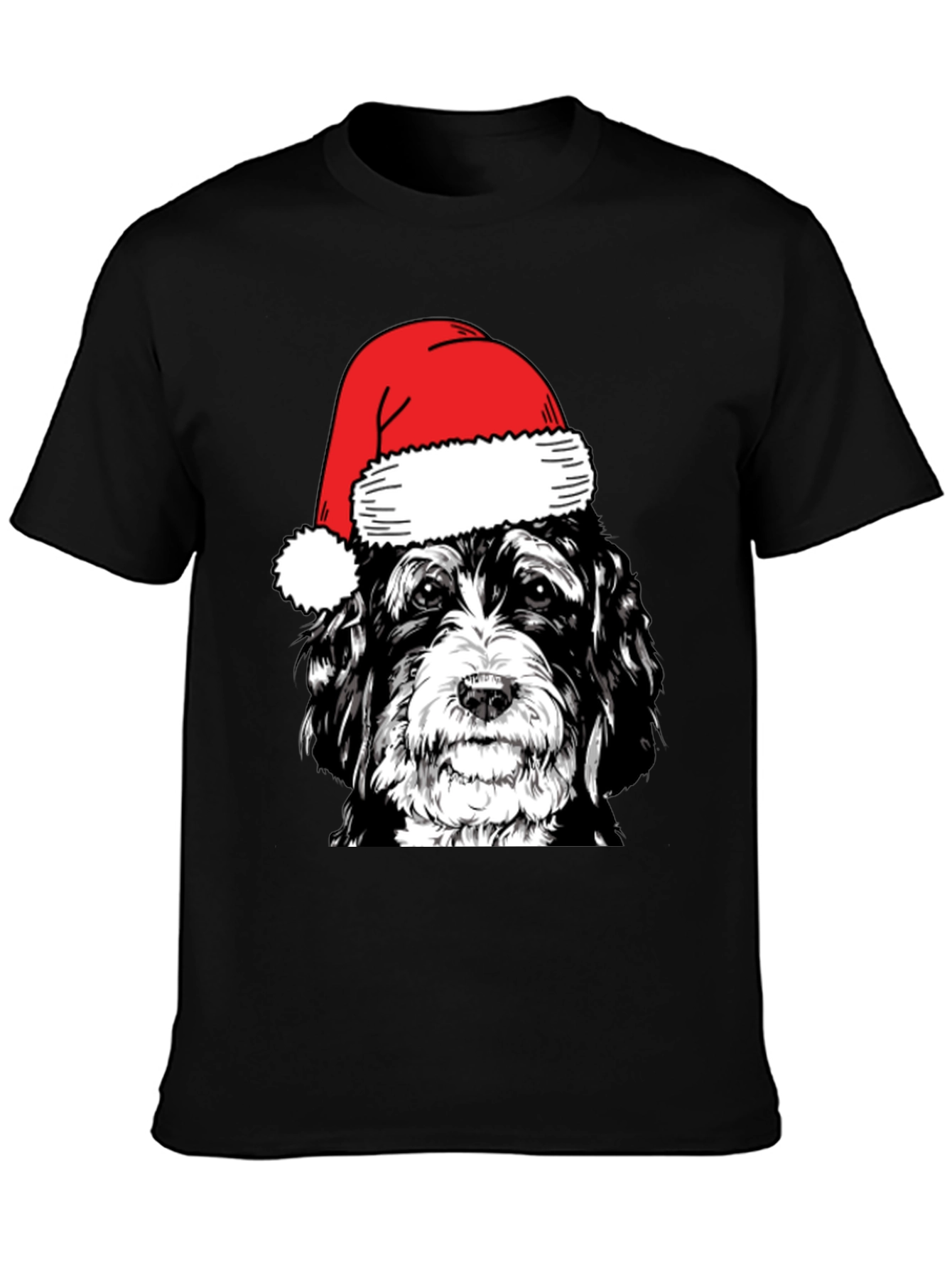 Dog with Santa Hat Black T-Shirt