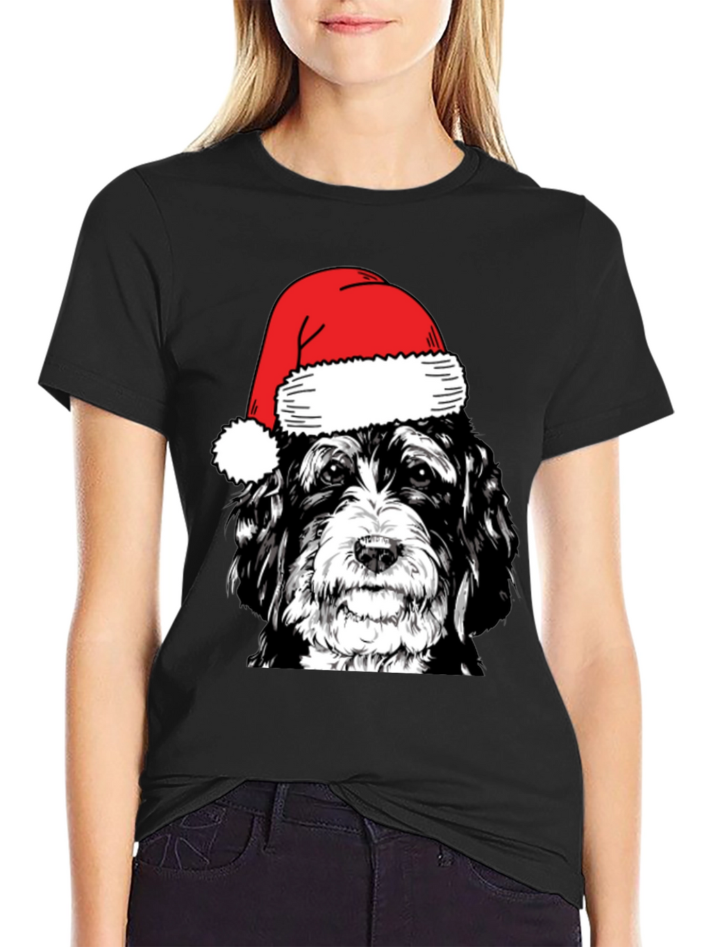 Dog with Santa Hat Black T-Shirt