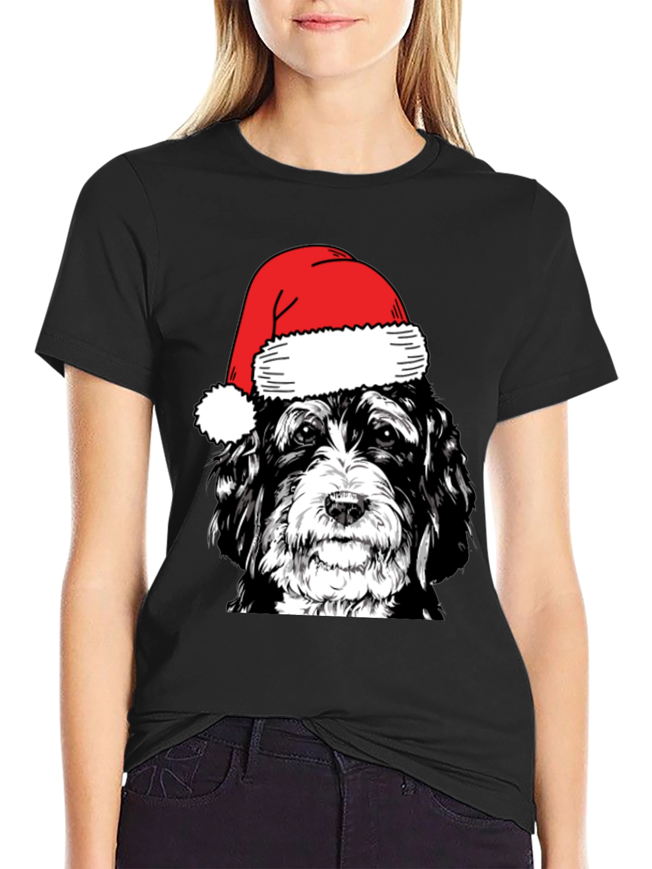 Dog with Santa Hat Black T-Shirt