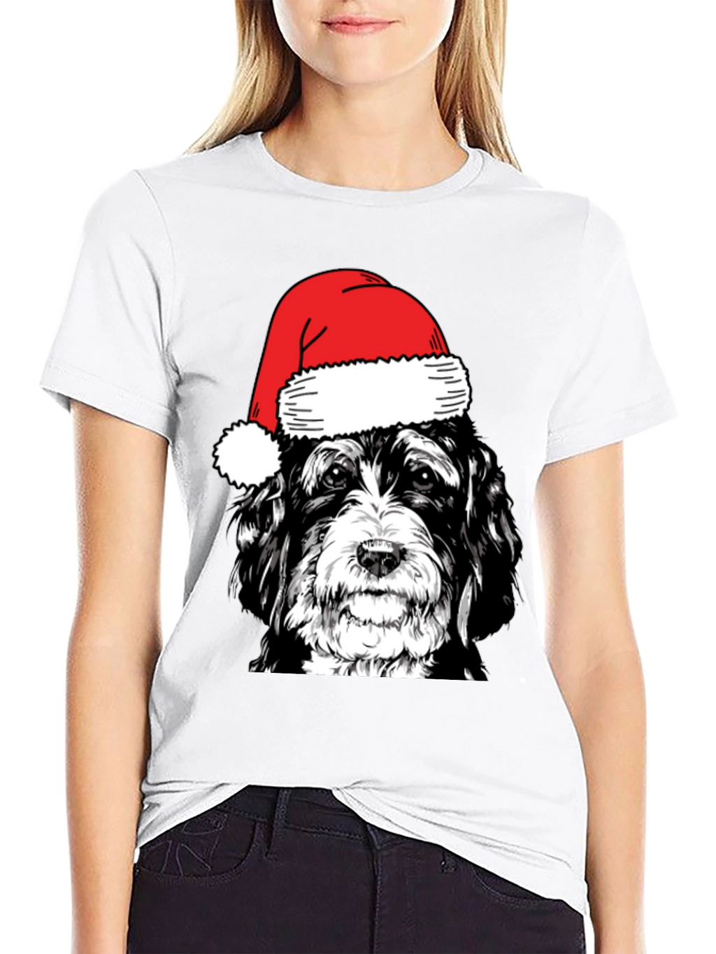 Dog with Santa Hat Black T-Shirt