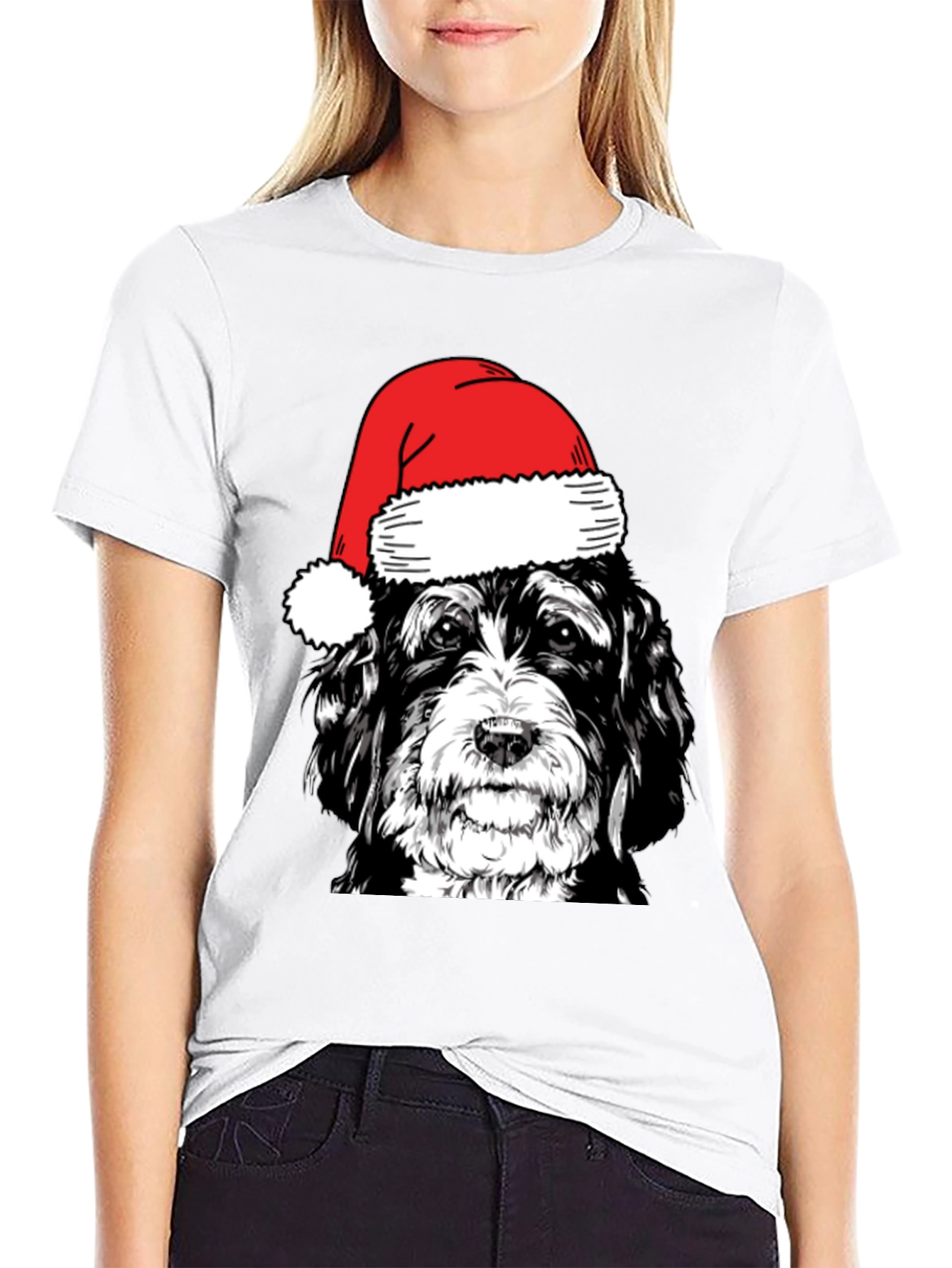 Dog with Santa Hat Black T-Shirt