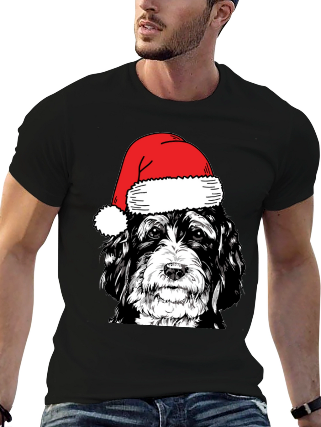 Dog with Santa Hat Black T-Shirt