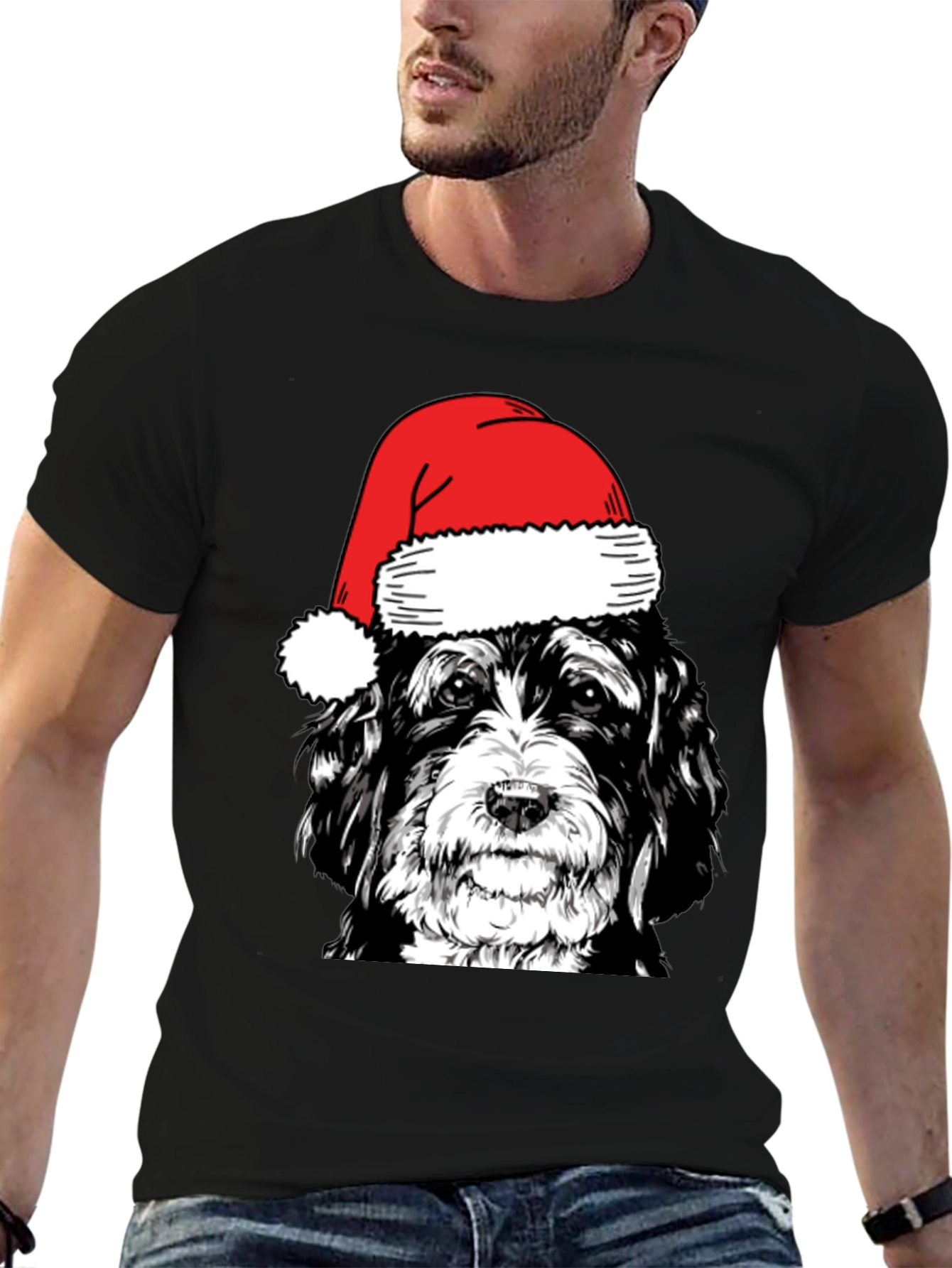 Dog with Santa Hat Black T-Shirt