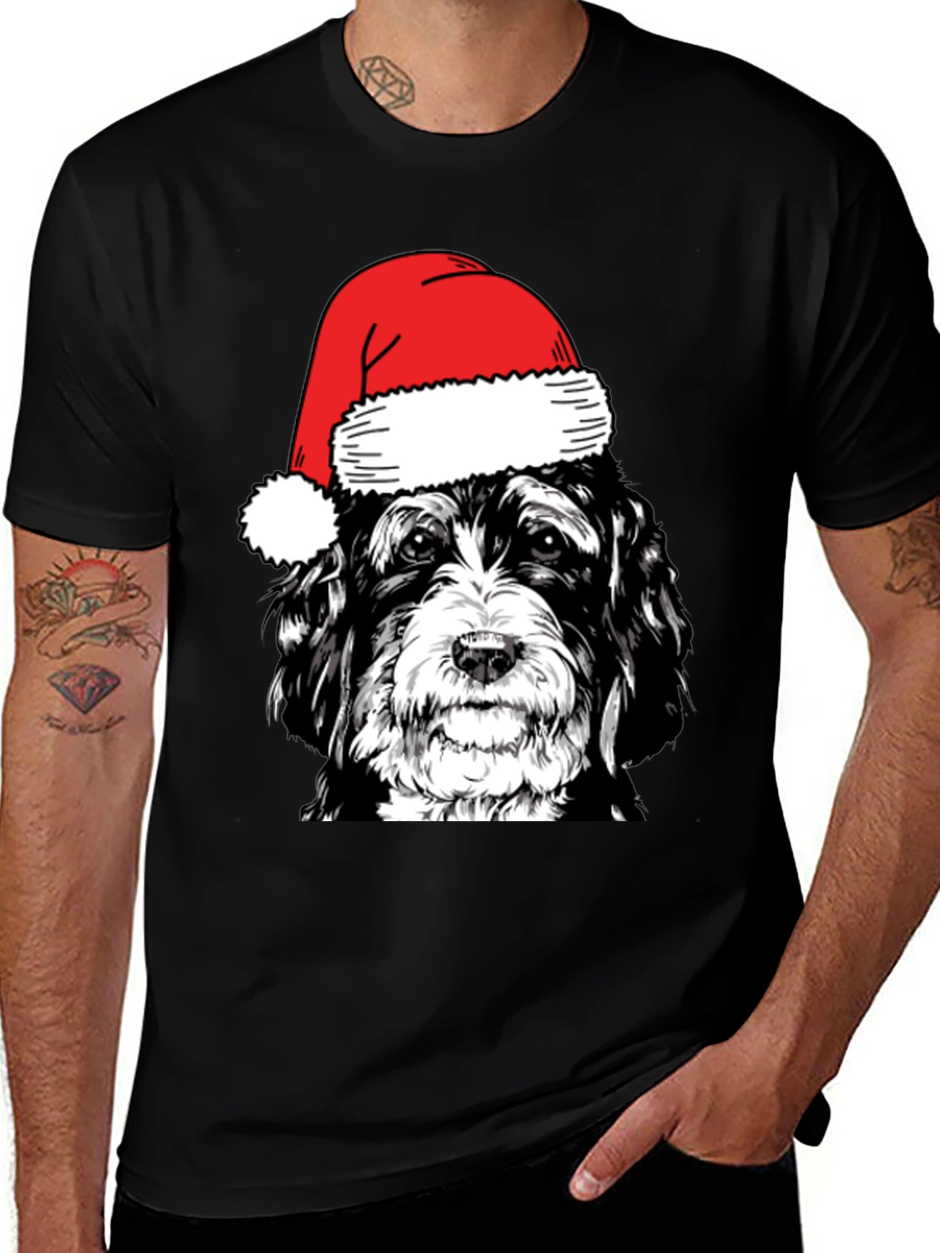 Dog with Santa Hat Black T-Shirt