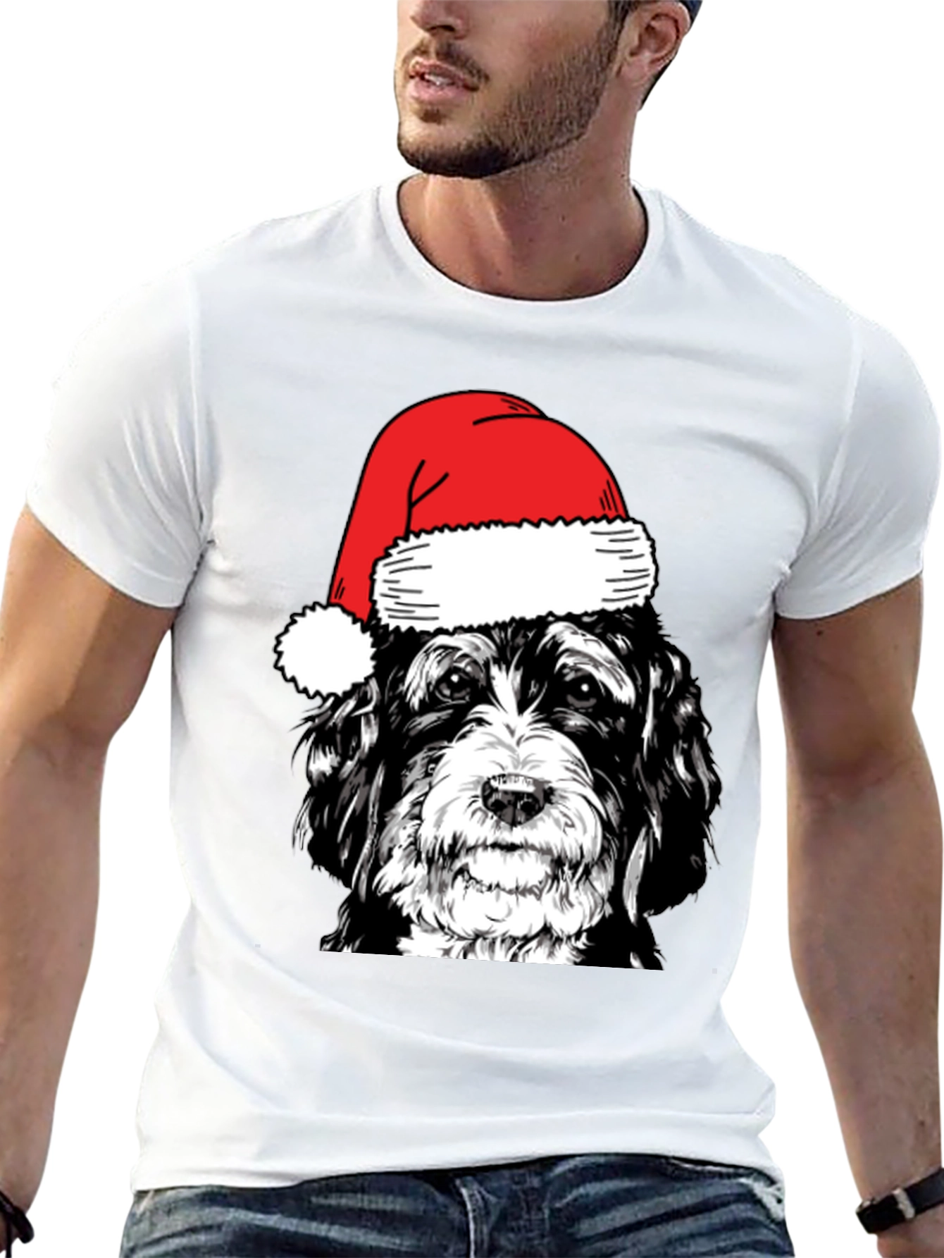 Dog with Santa Hat Black T-Shirt