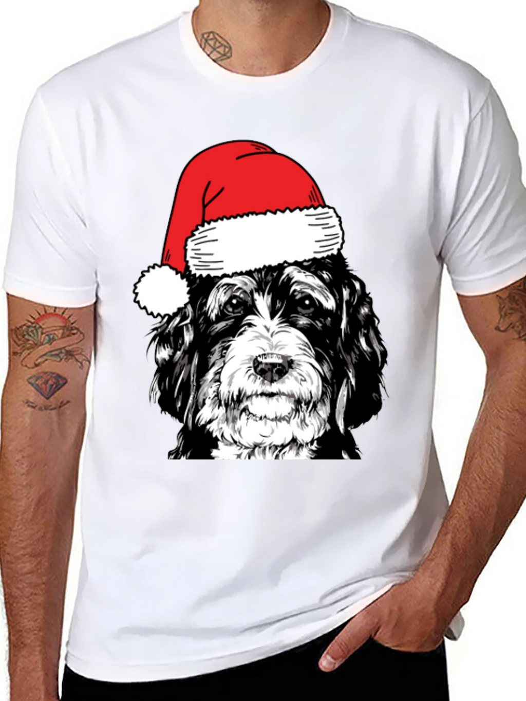 Dog with Santa Hat Black T-Shirt